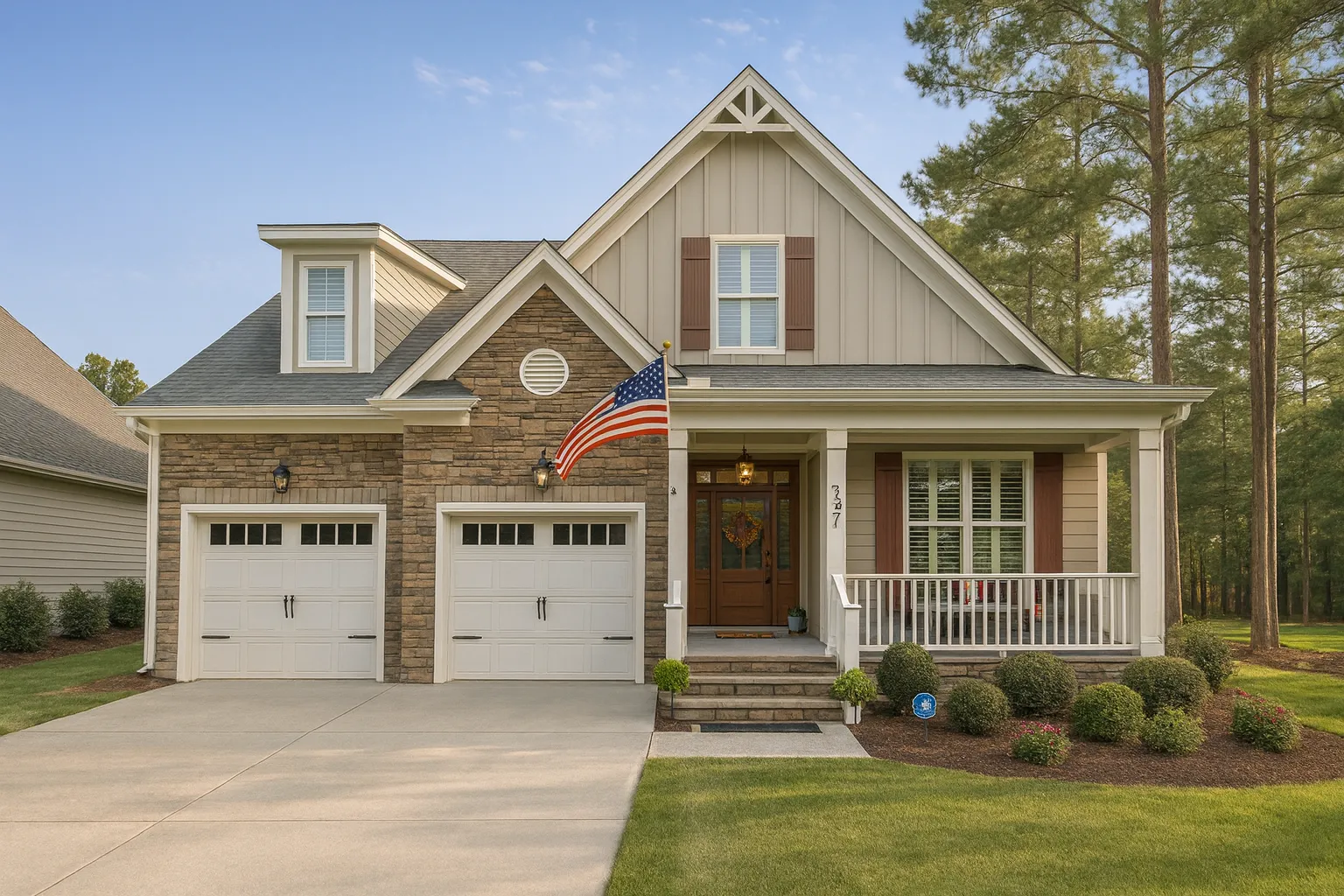 Front elevation of a Traditional Craftsman style home featuring stone accents, board-and-batten siding, horizontal lap siding, and a welcoming covered front porch