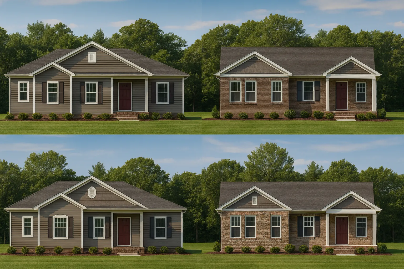 Front elevation of a Traditional Ranch style home with stone veneer, vinyl siding, symmetrical windows, and simple suburban detailing