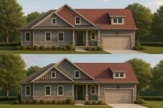 Front elevation of New American Modern Traditional house with horizontal lap siding, board-and-batten gables, stone wainscoting, and front-entry garage