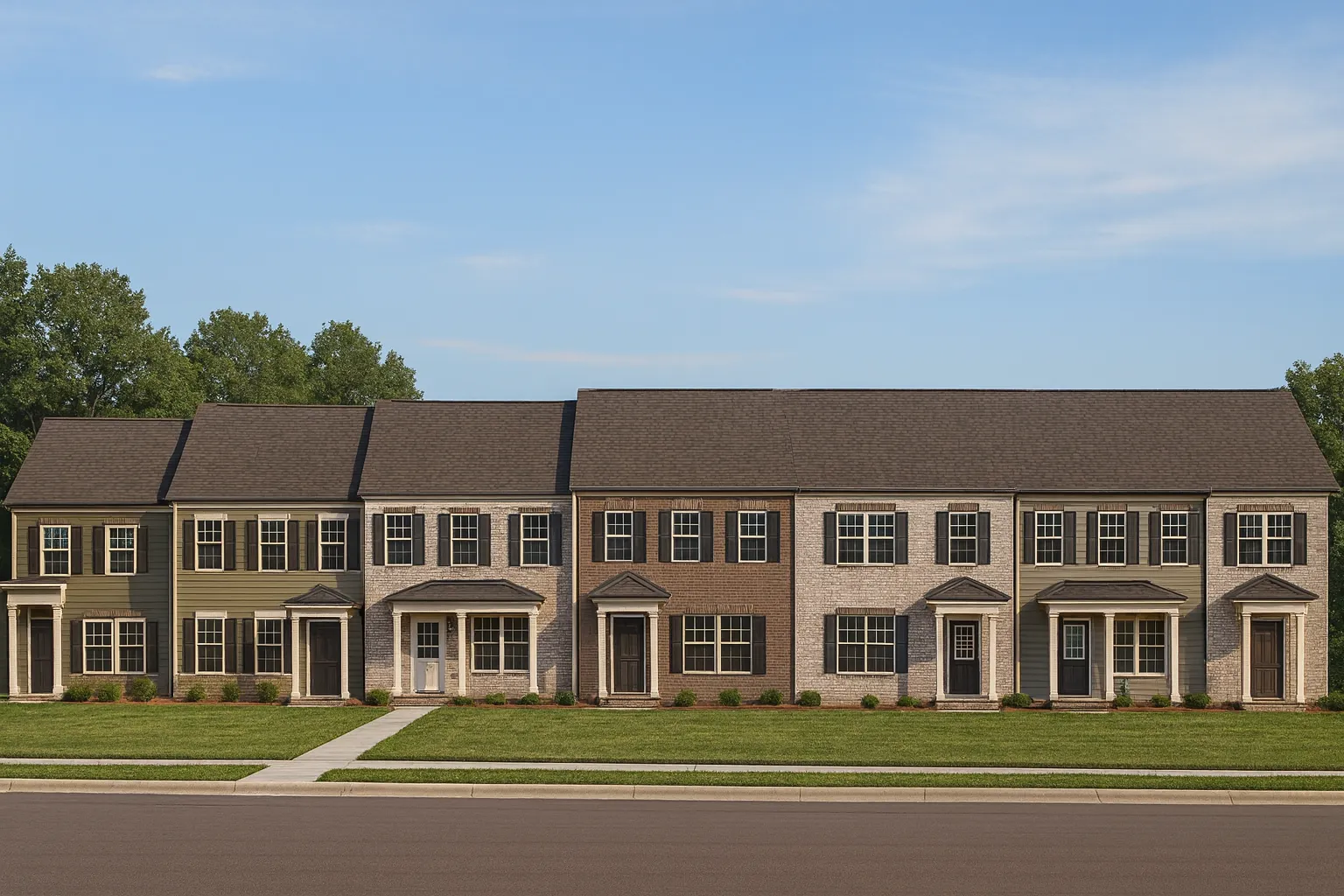 Bed and Bath Features 3 Front elevation of a Traditional Colonial style townhome featuring horizontal siding, classic symmetry, and clean multi-unit architectural detailing