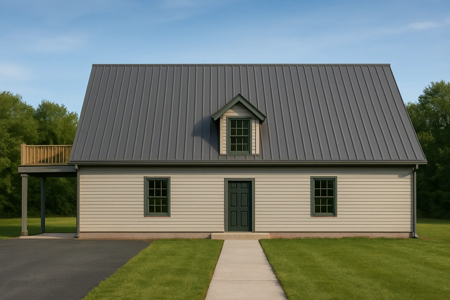 Front view of Cape Cod Cottage style home featuring white siding, steep gable roof, and central dormer window for timeless curb appeal