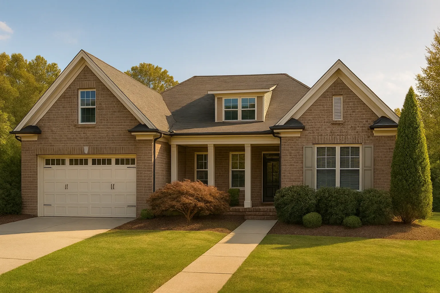 Front elevation of a Traditional Craftsman Ranch style home with brick exterior, white trim, dormer windows, and covered front porch entry