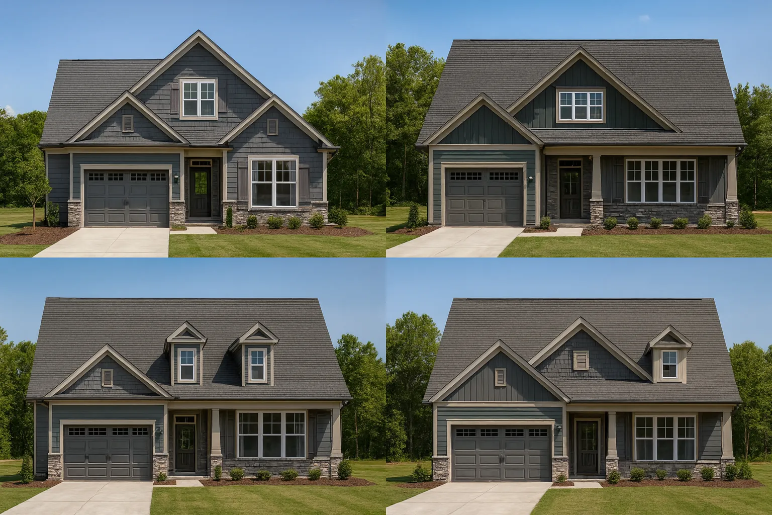 Front view of a Traditional Craftsman New American home featuring fiber cement lap and shingle siding with stone wainscoting accents