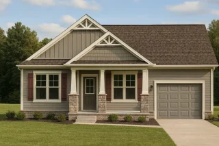 Front view of Craftsman ranch style home with board-and-batten gables, horizontal lap siding, stone water table, covered front porch, and single-car garage