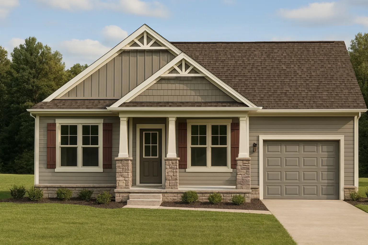 Front view of Craftsman ranch style home with board-and-batten gables, horizontal lap siding, stone water table, covered front porch, and single-car garage