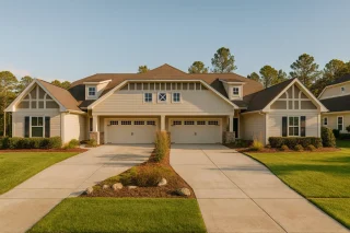 Front elevation of a Traditional Craftsman duplex featuring stone accents, horizontal lap siding, and board-and-batten gables with twin garages