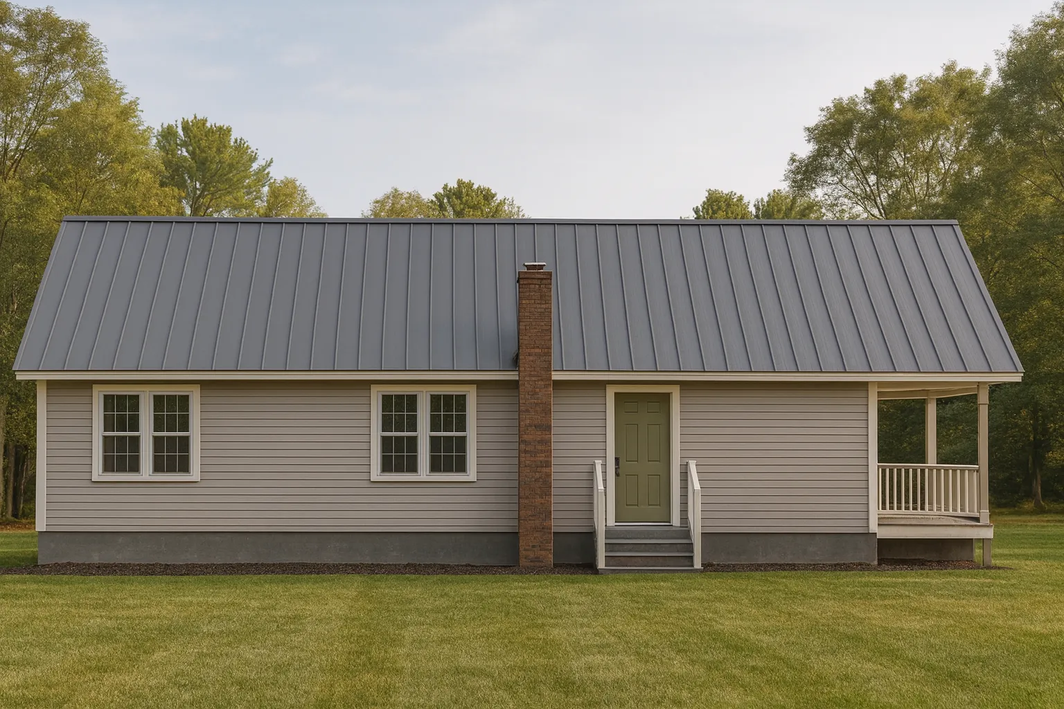 Front elevation of a traditional ranch home with horizontal lap siding, central brick chimney, black shutters, and a small covered front porch entry