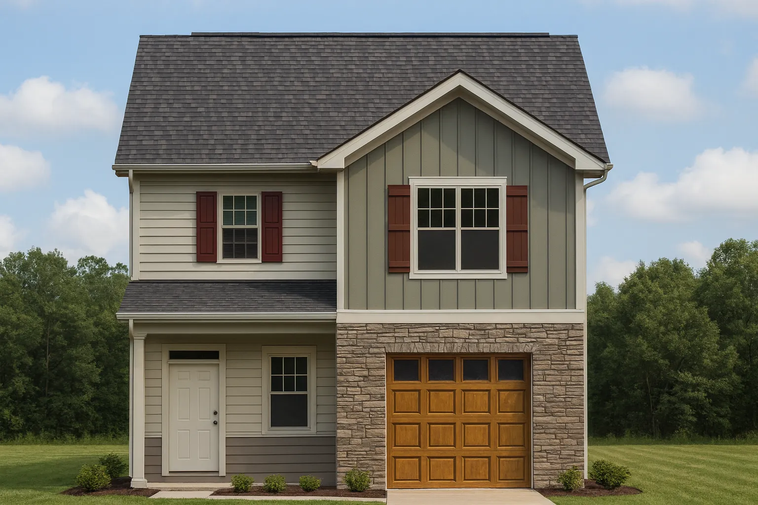 House Plans with Functional Layout 5 Front view of a New American Modern Traditional two-story house with mixed siding, board and batten accents, stone veneer, and a one-car garage