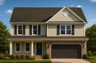 Front view of a Traditional Colonial style home featuring a New American influence with horizontal siding, stone accents, and symmetrical windows.