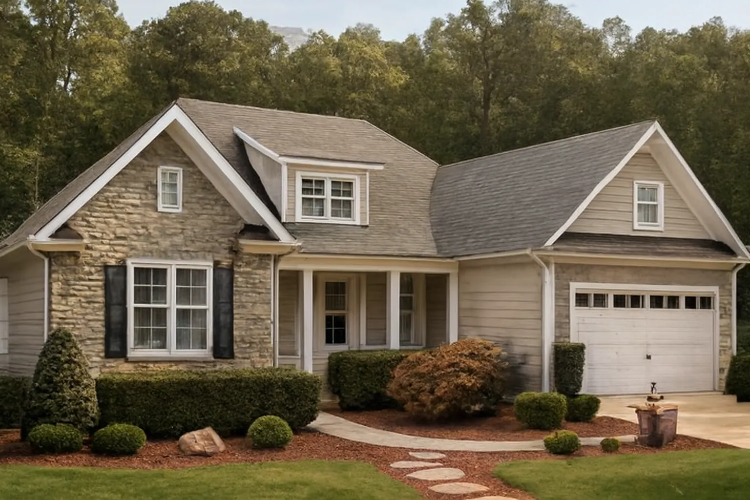 Apartment Floor Plans 12 Front view of a Traditional Colonial style home featuring stone and siding exterior, gabled rooflines, and a welcoming front porch entry