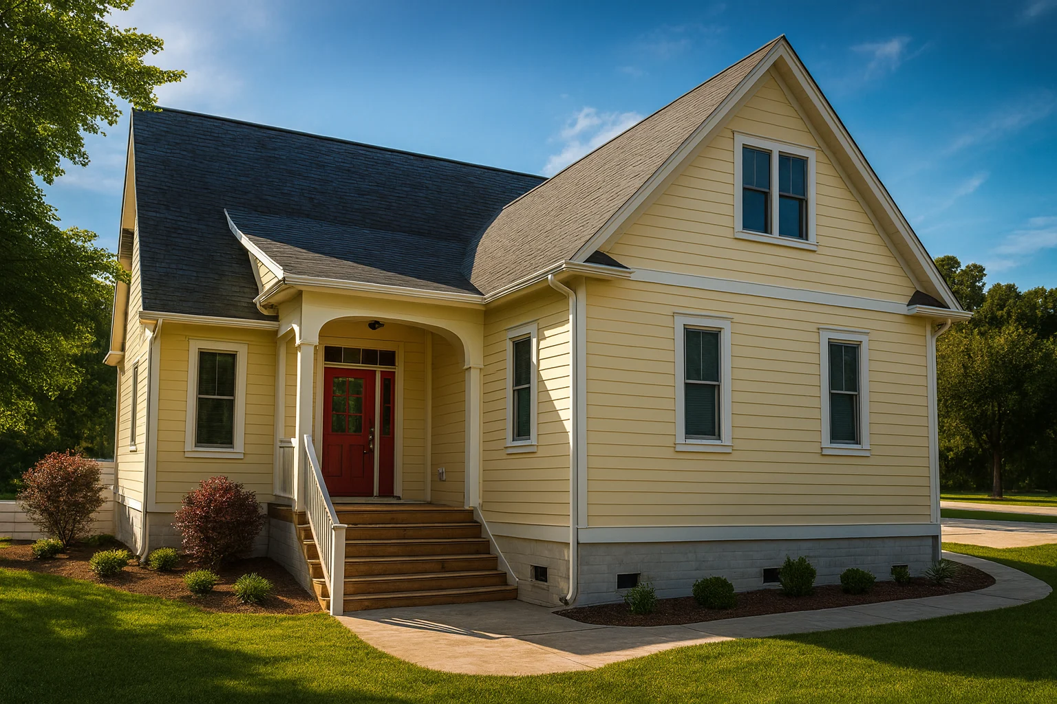 Front view of a Traditional Cape Cod Cottage home featuring yellow horizontal siding, steep gables, and a charming red front door beneath a covered entry porch.