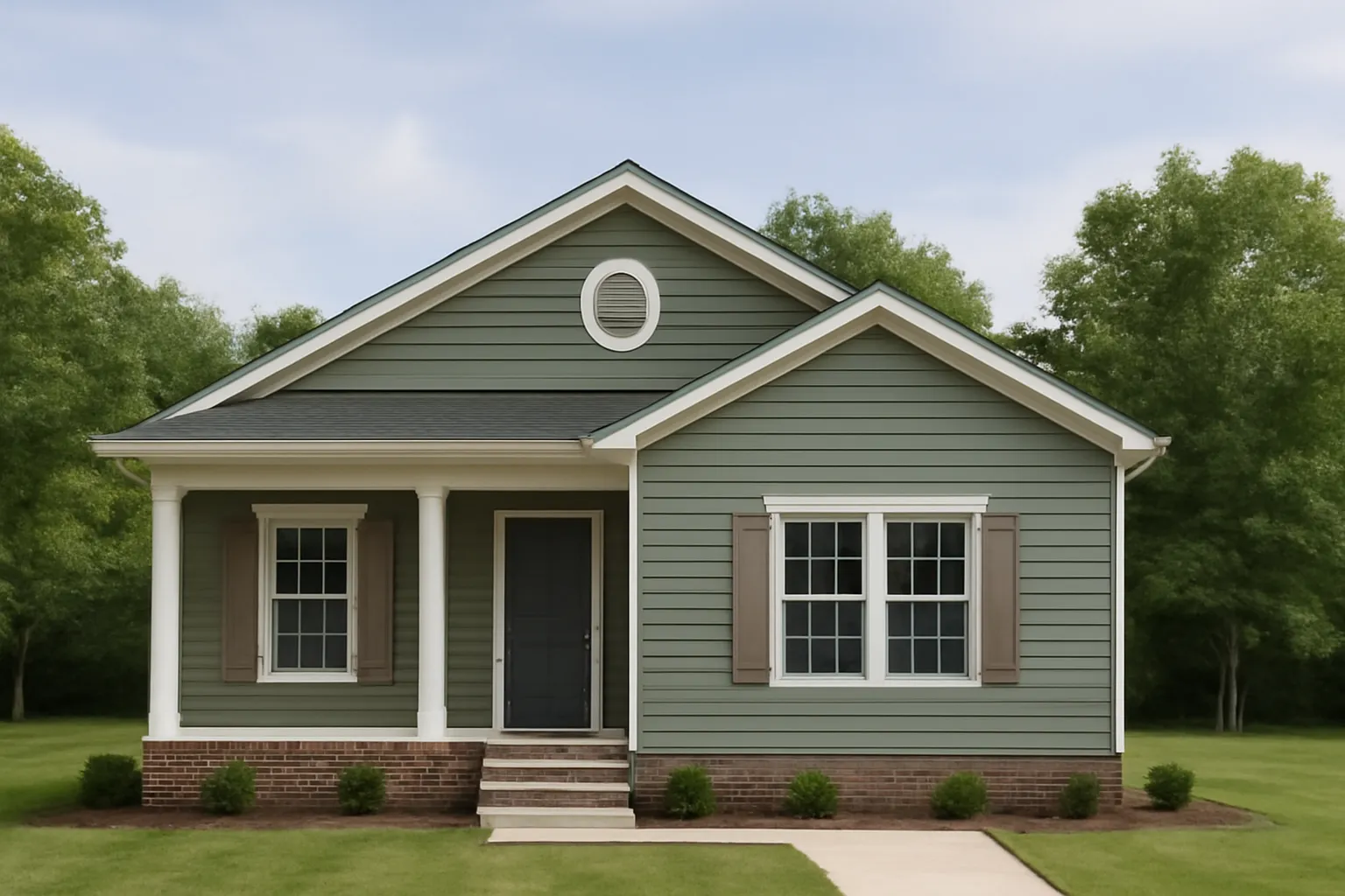 Front elevation of a Traditional Ranch home featuring horizontal siding, brick skirting, symmetrical windows, and a covered porch