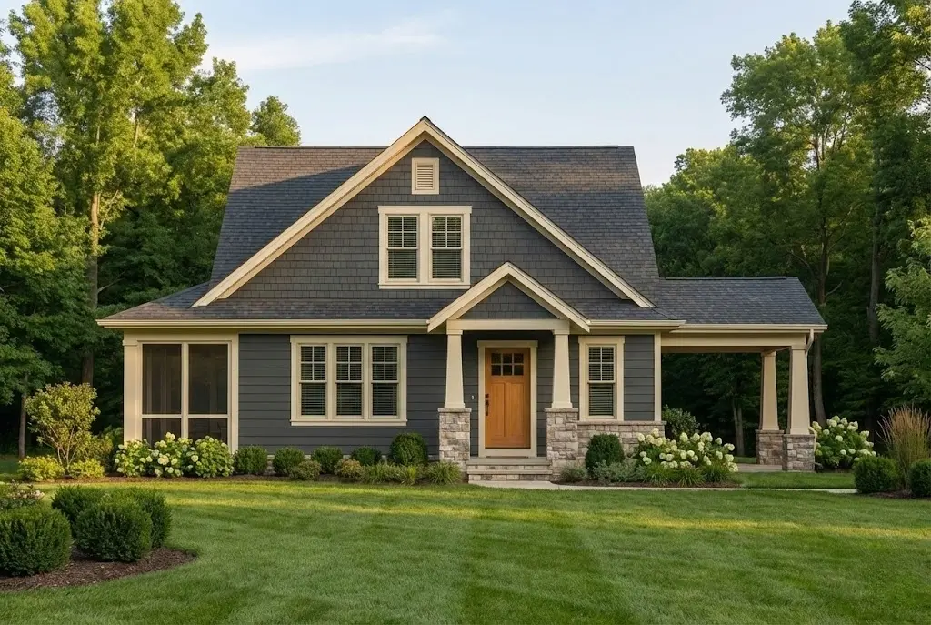 Front elevation of a Craftsman Cottage home featuring stone porch columns, shake siding, and inviting architectural trim details under a steep gable roof