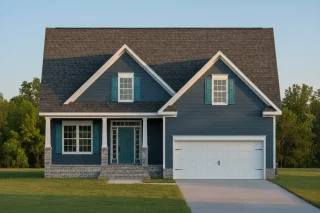 Front elevation of a Cape Cod style house with navy horizontal siding, white trim, and brick base columns creating a timeless traditional look.
