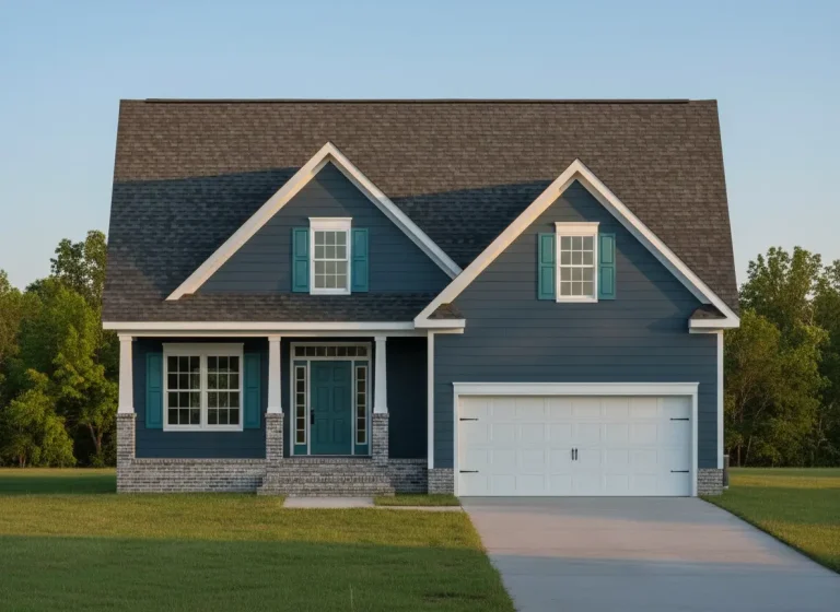 Front elevation of a Cape Cod style house with navy horizontal siding, white trim, and brick base columns creating a timeless traditional look.