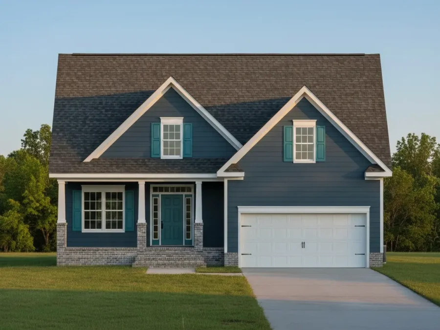 Colonial Farmhouse House Plans 12 Front elevation of a Cape Cod style house with navy horizontal siding, white trim, and brick base columns creating a timeless traditional look.