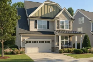 Front view of a Traditional Craftsman and New American style home featuring horizontal siding, board-and-batten gables, brick accents, metal porch roof, and classic shutters