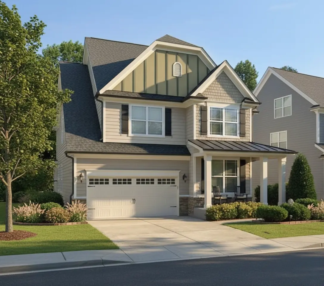 Front view of a Traditional Craftsman and New American style home featuring horizontal siding, board-and-batten gables, brick accents, metal porch roof, and classic shutters