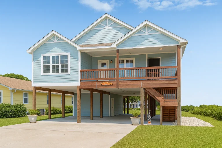 Front view of elevated coastal beach house with light blue lap siding, wood railings, and raised stilt foundation