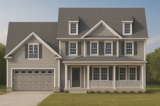 House Plans with Screened-In Porch 5 Front elevation of a Neo-Colonial / Traditional Colonial home with horizontal lap siding, stone veneer accents, black shutters, dormers, and a welcoming covered porch