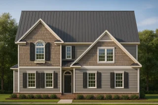 Front elevation of a Traditional Colonial home with New American design influence featuring a mix of horizontal siding and shingle accents, symmetrical windows, and gabled rooflines.