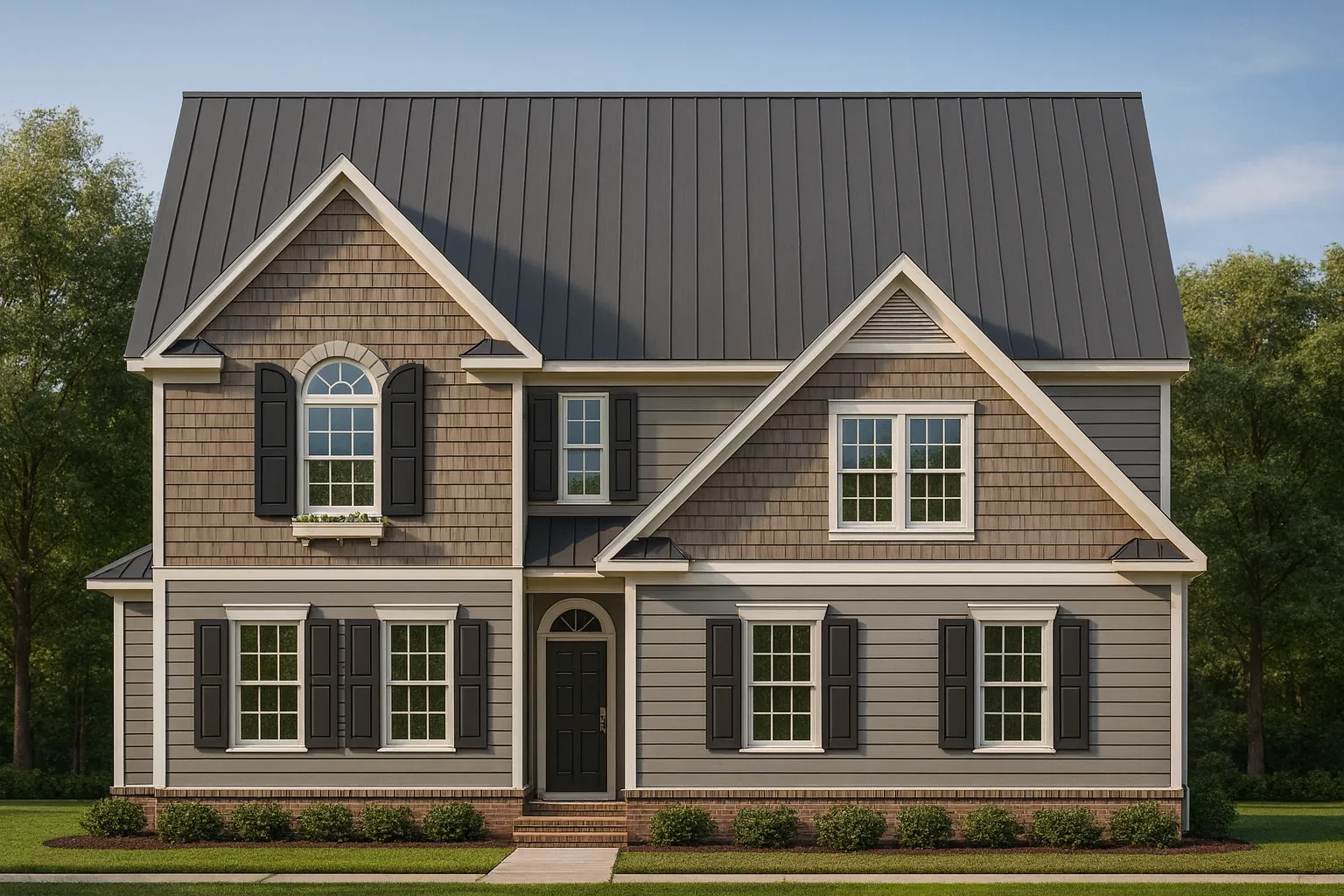 6 Bedroom House Plans 8 Front elevation of a Traditional Colonial home with New American design influence featuring a mix of horizontal siding and shingle accents, symmetrical windows, and gabled rooflines.