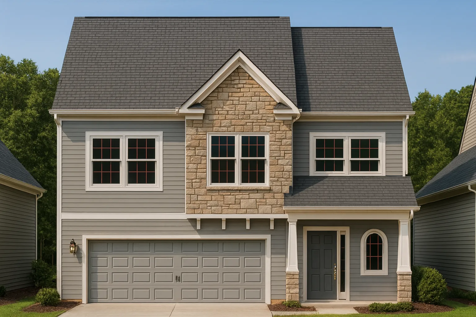 Front view of a New American Traditional Suburban style house featuring blue siding, brick accents, and yellow-trimmed red windows for striking curb appeal
