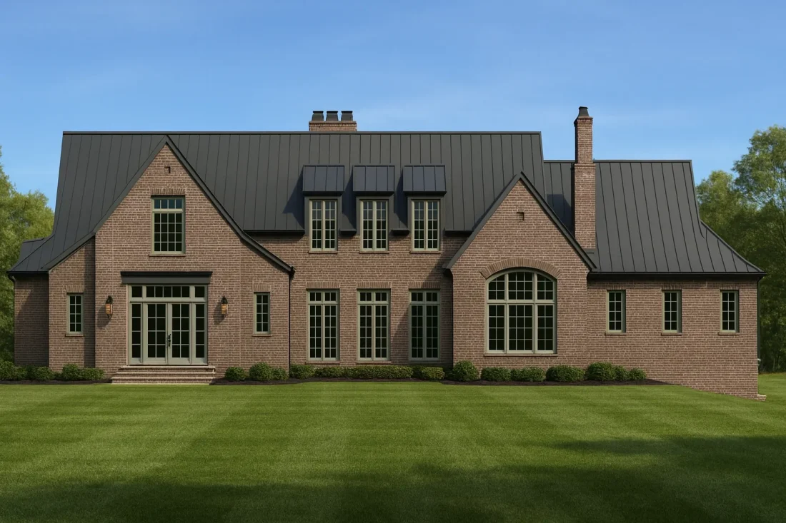 Front elevation of a Traditional Colonial brick home with symmetrical dormers, warm window lighting, and classic architectural detailing