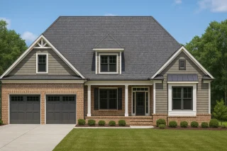 Front elevation of a Traditional Craftsman style home featuring stone accents, shake siding, and a two-car garage beneath a steep gable roof