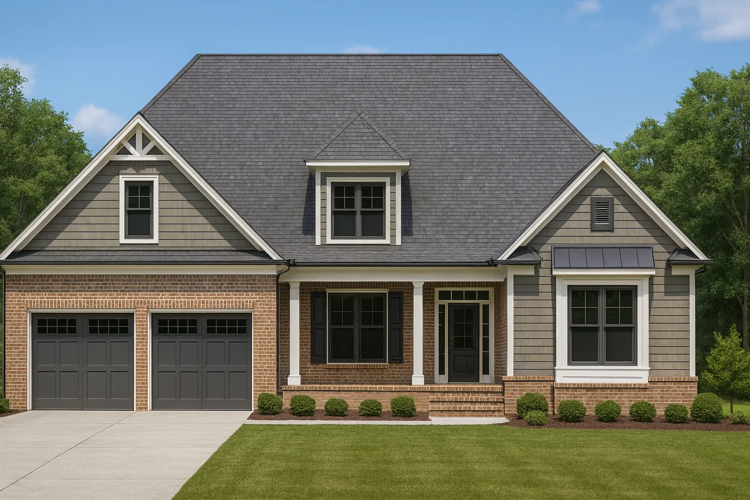 Front elevation of a Traditional Craftsman style home featuring stone accents, shake siding, and a two-car garage beneath a steep gable roof
