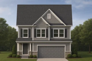 Front elevation of a Traditional Colonial style home featuring stone and horizontal siding, black shutters, and a double garage