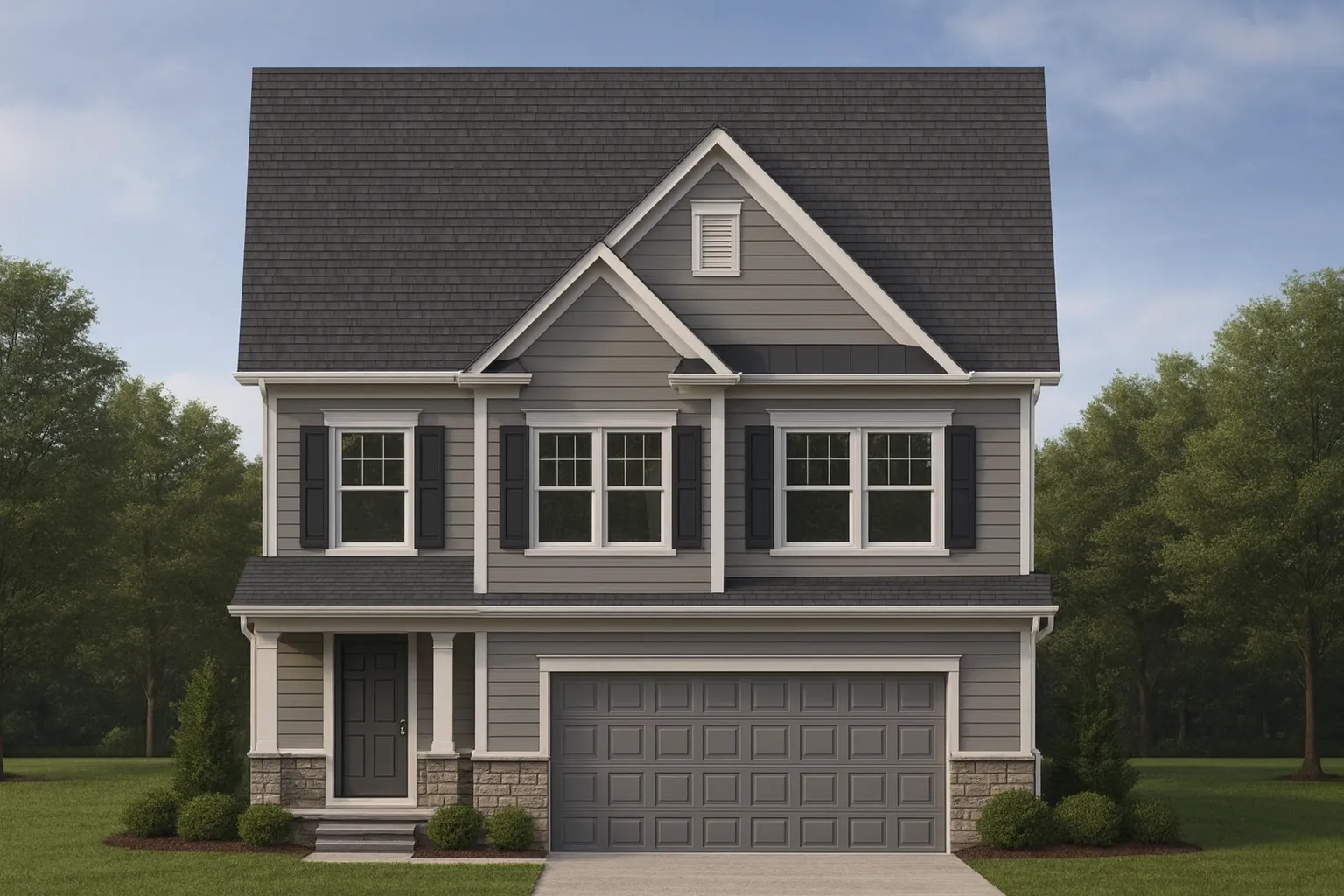 Front elevation of a Traditional Colonial style home featuring stone and horizontal siding, black shutters, and a double garage