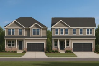 Front elevation of a Traditional New American style home featuring horizontal siding, shingle accents, and a brick foundation base.