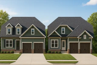 Front view of a Traditional Cape Cod style home featuring horizontal siding, shingle accents, and a stone foundation trim with symmetrical dormers and a two-car garage.