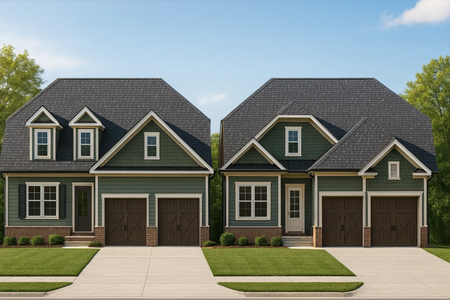 Front view of a Traditional Cape Cod style home featuring horizontal siding, shingle accents, and a stone foundation trim with symmetrical dormers and a two-car garage.