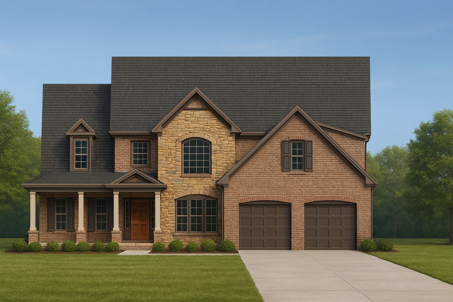 Front view of a Traditional Colonial style two-story home with full brick exterior, gabled rooflines, and arched windows
