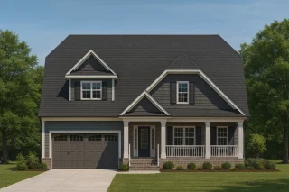 Front view of a Traditional Colonial style home featuring a blend of brick, lap siding, and shingle accents with a welcoming covered porch and dormer window