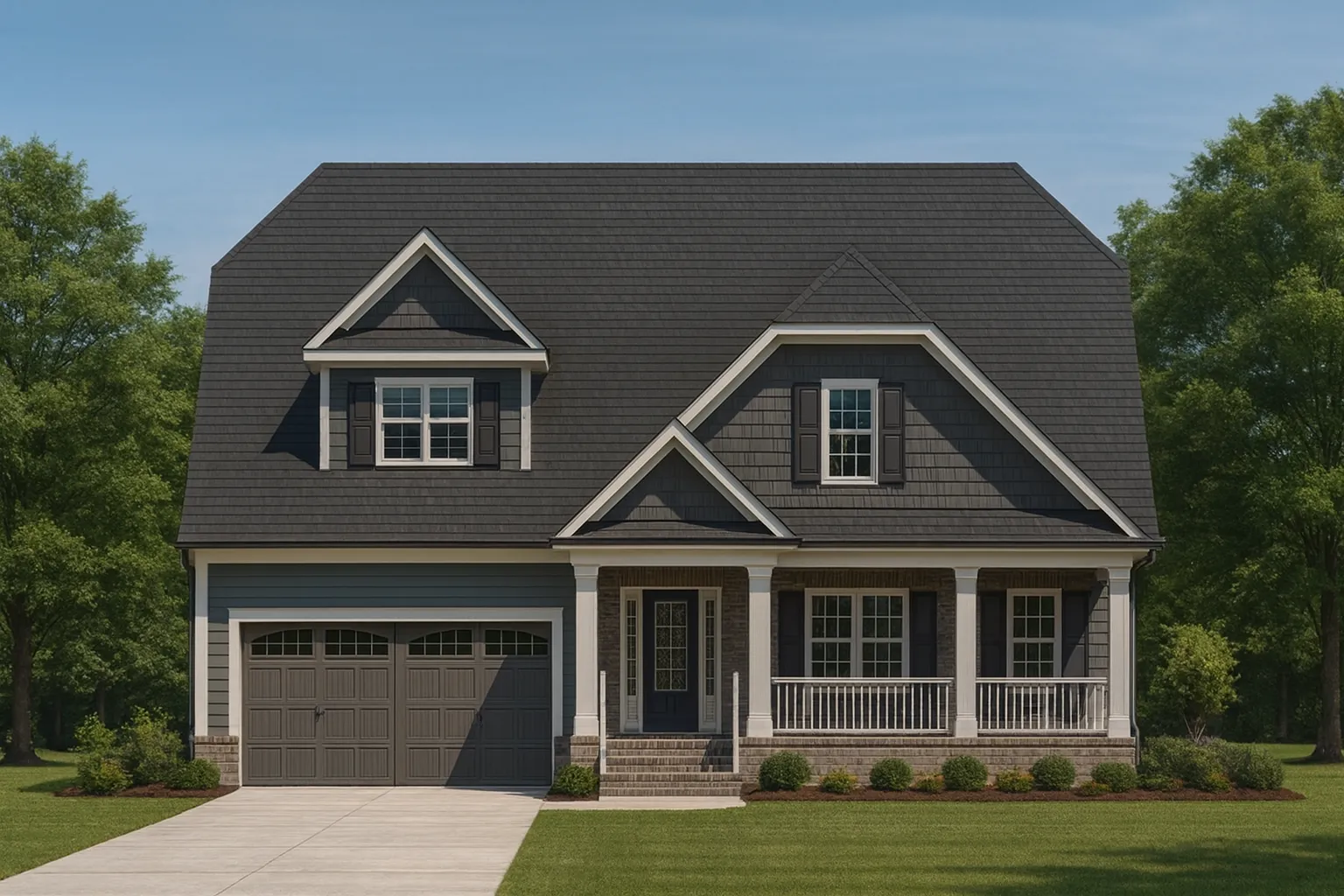 Front view of a Traditional Colonial style home featuring a blend of brick, lap siding, and shingle accents with a welcoming covered porch and dormer window