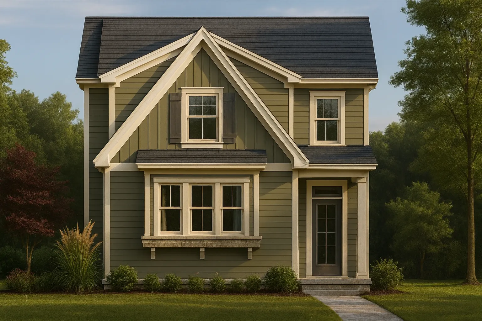 Covered Front Porch House Plans 8 Front view of a Craftsman Cottage style home featuring board and batten siding, gable rooflines, and charming trim details