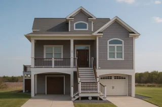 House Plans with Screened-In Porch 4 Front view of an elevated coastal beach house with gray lap siding, white trim, and dual garage doors beneath a raised porch entry