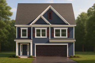 Front elevation of a two-story Traditional Colonial home featuring navy horizontal siding, white trim, brown shutters, and a two-car garage.