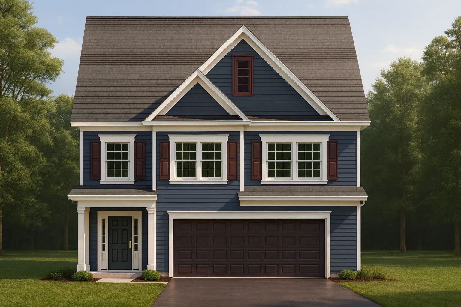 Covered Front Porch House Plans 8 Front elevation of a two-story Traditional Colonial home featuring navy horizontal siding, white trim, brown shutters, and a two-car garage.