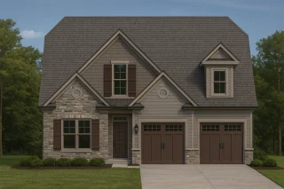 House Plans with Screened-In Porch 12 Front view of Modern Farmhouse home featuring a mix of board-and-batten and horizontal lap siding with stone accents, dark trim, and gable rooflines