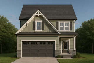 Front view of a Modern Farmhouse style home featuring board and batten siding, dark trim accents, and a welcoming covered entry porch