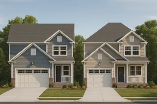 Front elevation of a Traditional Colonial-style two-story home featuring horizontal lap siding, brick foundation accents, and a welcoming covered porch