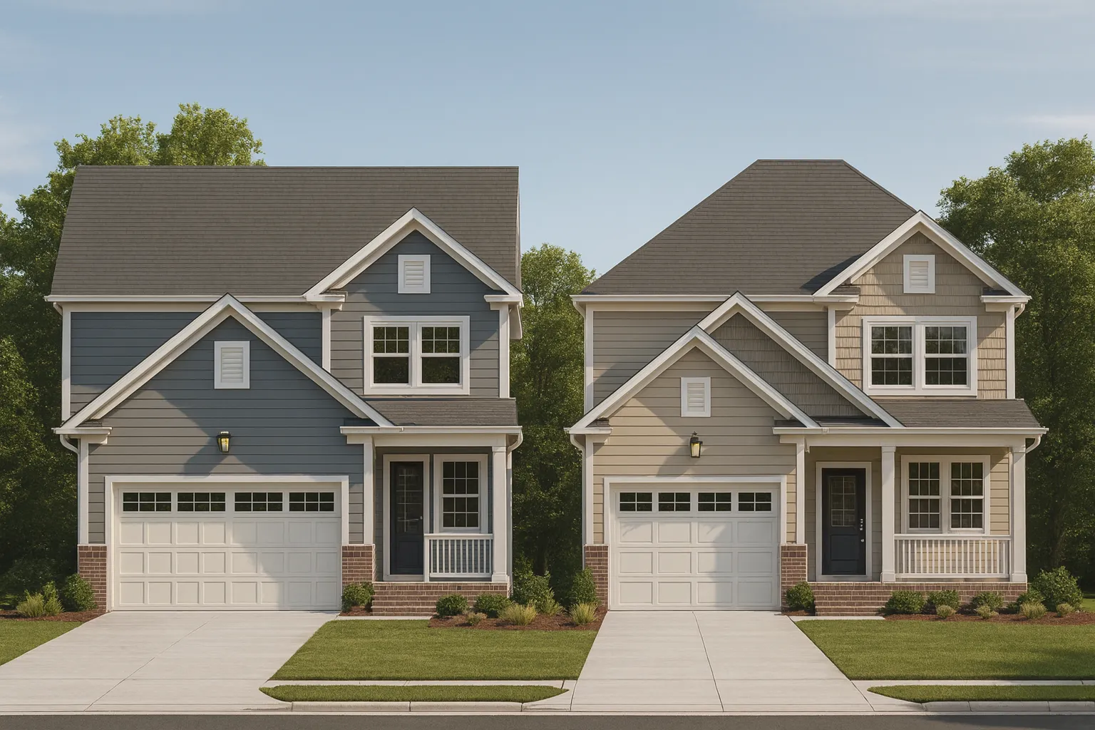 Front elevation of a Traditional Colonial-style two-story home featuring horizontal lap siding, brick foundation accents, and a welcoming covered porch