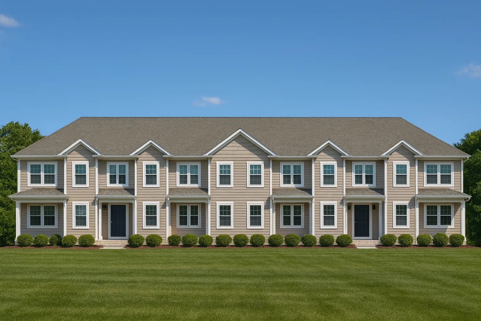 Front view of Colonial Traditional style townhome with symmetrical windows, horizontal siding, and classic architectural detailing