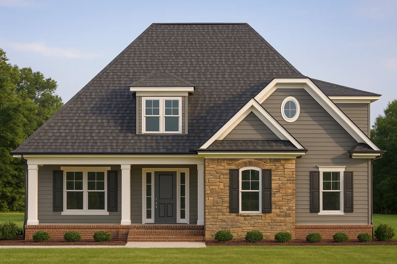 Front elevation of Traditional style home with brick veneer, lap siding, covered porch, and gabled dormer