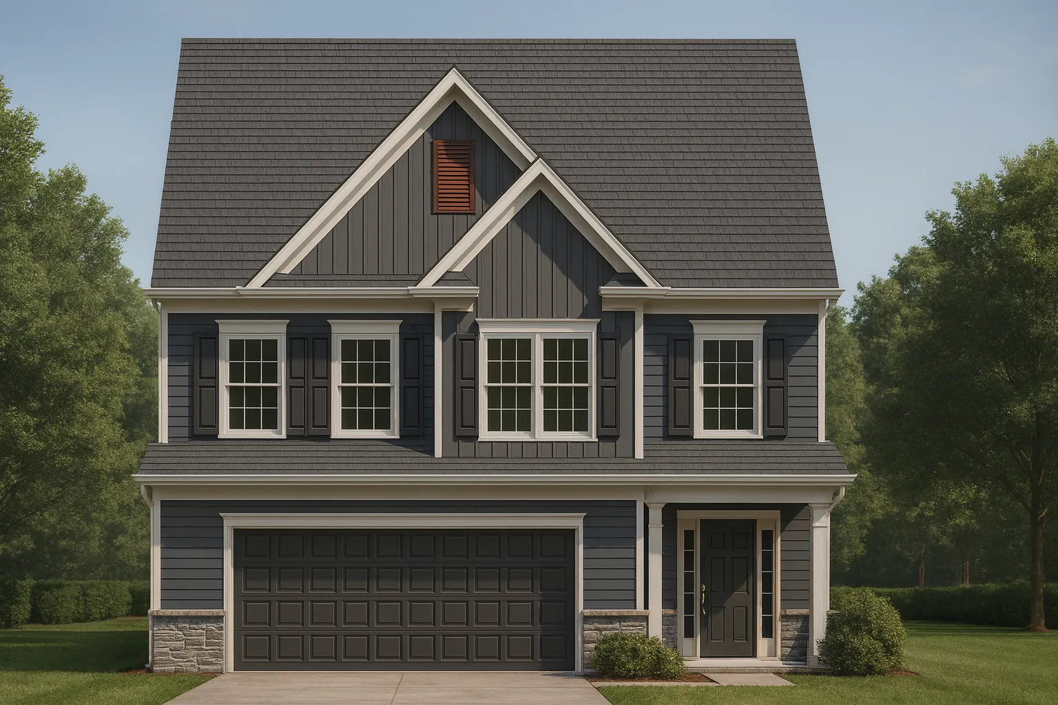 Front elevation of modern farmhouse style home with board and batten siding, horizontal lap siding, gable roof, shutters, and two-car garage