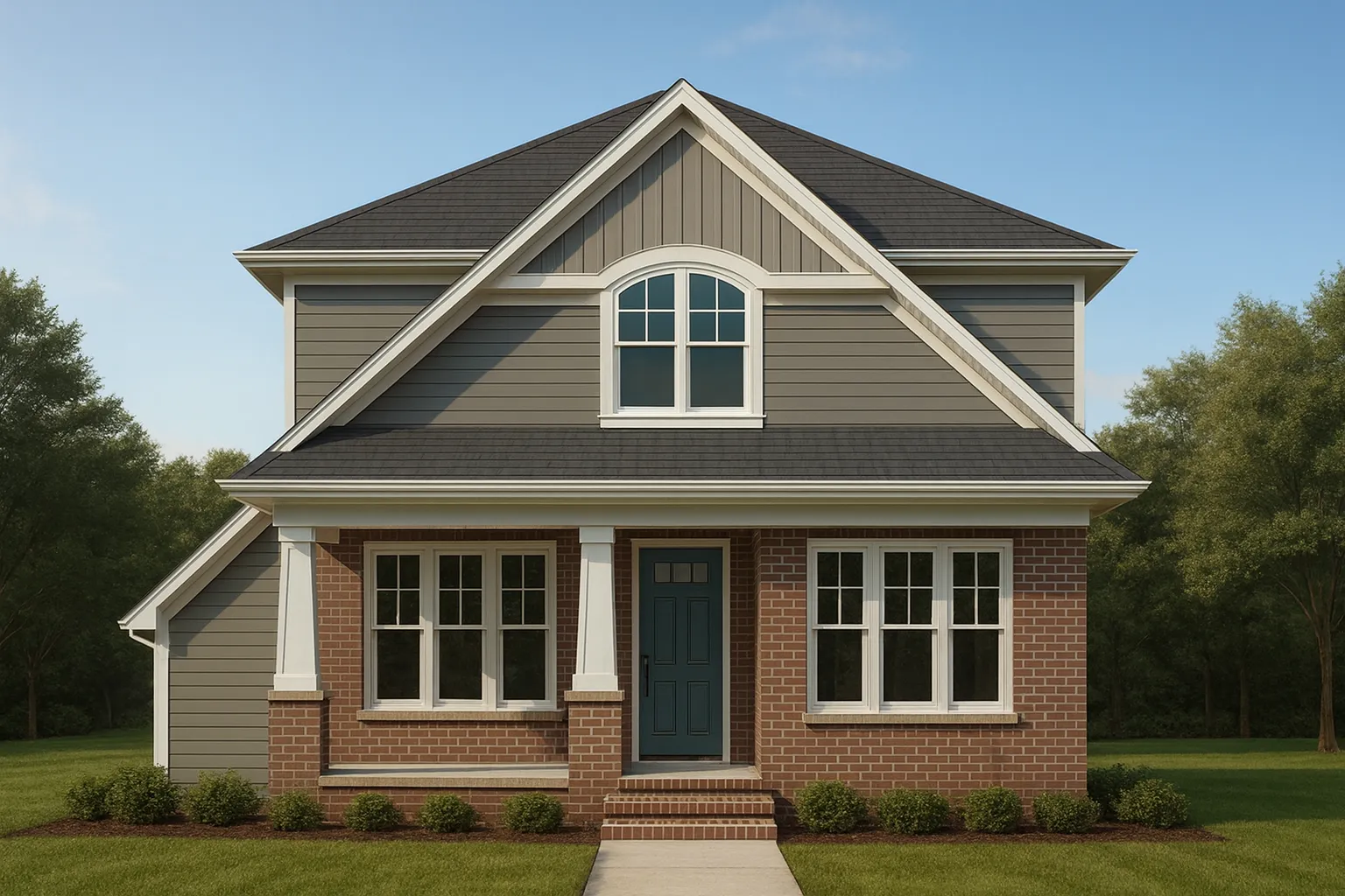 Front elevation of a Traditional Colonial style home with brick exterior, board and batten gable accent, symmetrical windows, and covered entry porch